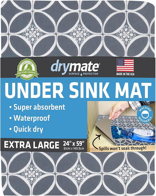 Drymate Premium XL Under Sink Mat, Waterproof Cabinet Protection Mats for Kitchen & Bathroom, Absorbent Shelf Liners, Slip-Resistant, Non-Adhesive, Machine Washable (USA Made)(24”x59”)(Indigo Grey)