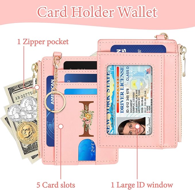 Slim Wallet for Women Slim Leather Card Case Holder Wallet Coin Change Purse with Keychain,Personalized Birthday Gifts for Women Her Freind Sister Girlfriend,Initial Letter I(Pink)