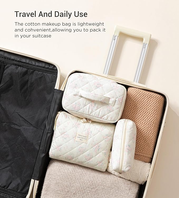 HBselect Quilted Makeup Bag, 3PCS Cotton Large Travel Makeup Bag, Cute Floral Coquette Make up Bag Cosmetic Bag Toiletry Bag for Women Girls