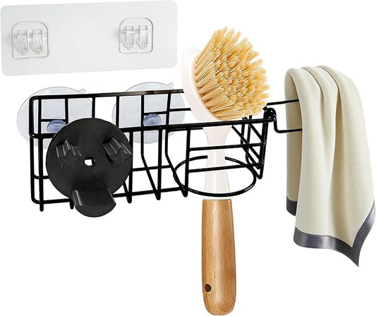 Sponge Holder Smile Face with Dish Cloth Hanger for Kitchen Sink, In-sink Caddy Organizer with Suction Cups & Adhesive Strips, Rustproof Sponge Rack for Soap, Brush, Scrubber - Black
