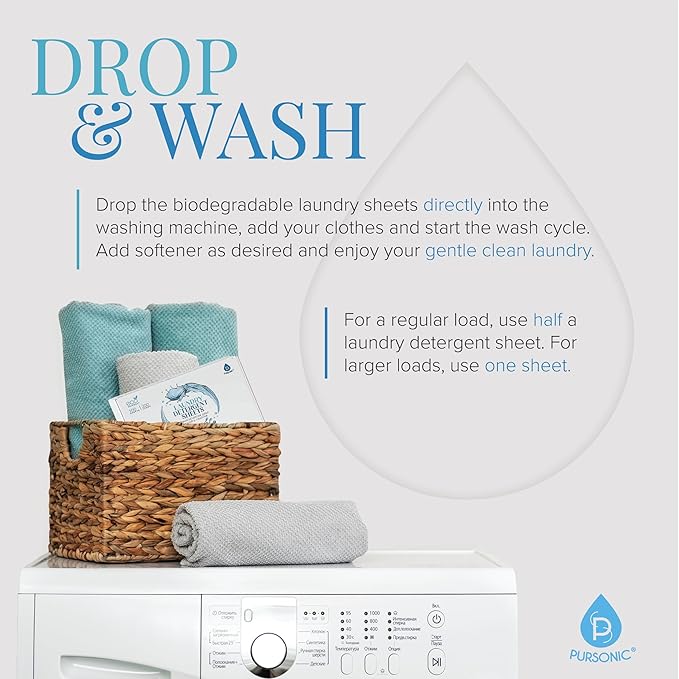 Pursonic Eco Laundry Detergent Sheets - 100 Sheet (200 Loads) Natural Zero Plastic Laundry Sheets with Powerful Cleaning Power - Travel Essentials, Quick-Dissolving & Mess-Free (Fresh Linen)