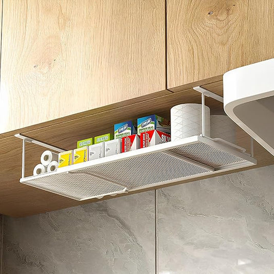 1 Pack Expandable Under Cabinet Shelf, Under Shelf Basket with 0.94 Inches Thick Clips for Kitchen Cupboard, Metal Hanging Under Desk Basket for Laundry Room, Cabinet, Shoe Rack