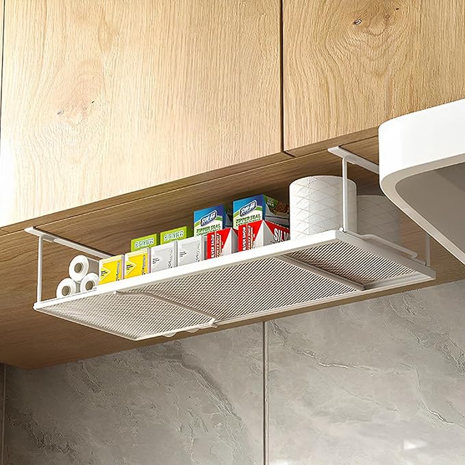 2 Pack Expandable Under Cabinet Shelf, Under Shelf Storage with 0.94 Inches Thick Clips for Kitchen Cupboard, Metal Hanging Under Desk Basket for Laundry Room, Cabinet, Shoe Rack