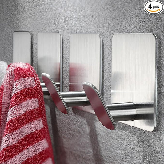 YIGII Adhesive Towel Hooks, 4 Pack Coat Hooks Stainless Steel Stick on Wall Hook for Bathroom/Kitchen, Waterproof Towel Hanger for Robe, Hats