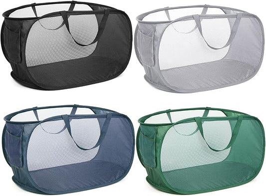 4 Pack Durable Collapsible Laundry Baskets, Mesh Foldable Laundry Basket, Pop Up Laundry Hamper with Pocket, Clothes Hamper with Reinforced Handles for Laundry, Bathroom, Kids Room, Dorm or Travel