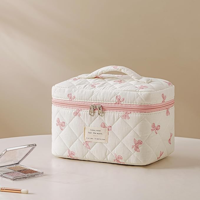 HBselect Quilted Makeup Bag, 3PCS Cotton Large Travel Makeup Bag, Cute Floral Coquette Make up Bag Cosmetic Bag Toiletry Bag for Women Girls