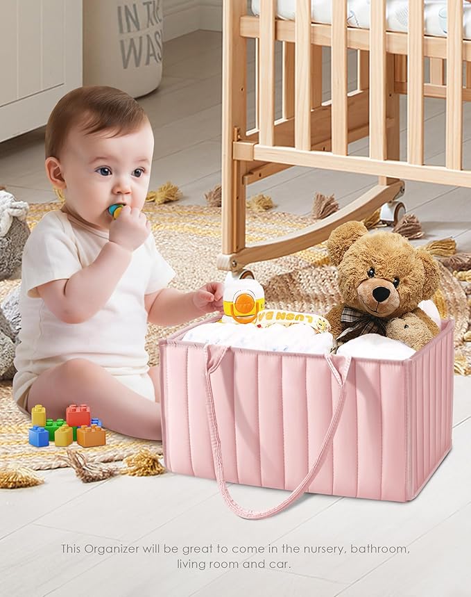 SWEET DOLPHIN 2-Pack Baby Diaper Caddy Organizers, Stylish Storage Baskets for Newborn Essentials, Diaper Station & Car Travel, Value Bundle for Baby Shower Gifts & Registry Must-Haves - Pink