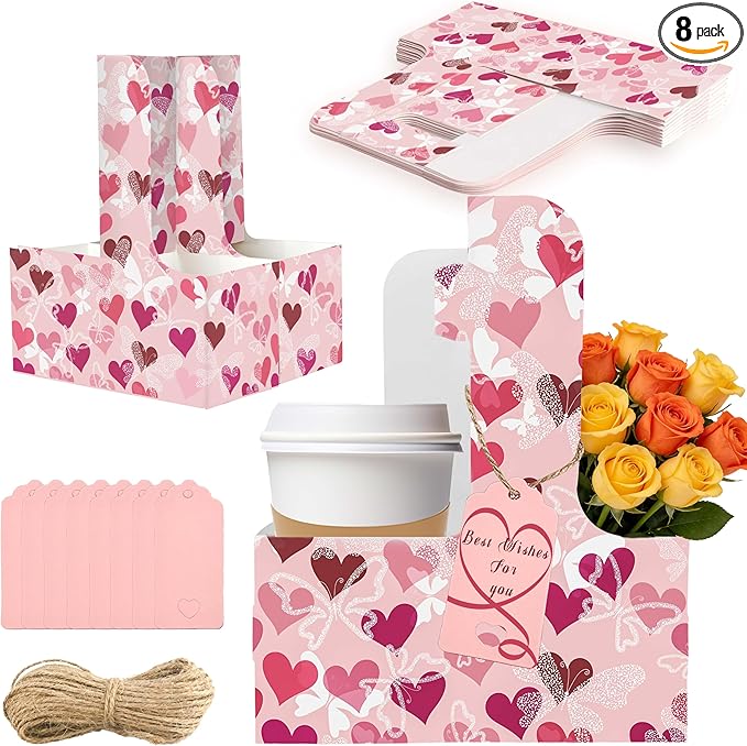 8 Set Drink Carrier,Cardboard Cup Holder with Love, Coffee Cup Holder with Handle,Coffee Carrier with Greeting Card and Ribbon for Valentine's Day Gifts Party Gift,Pink
