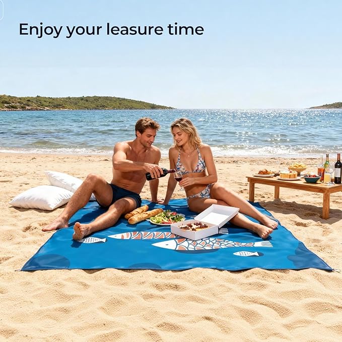 Blue Fish Beach Mat 75"x75" – Outdoor Picnic Blanket, Waterproof Sand Mat for Camping, Grass & Travel, Portable Foldable Ground Mat with Bag