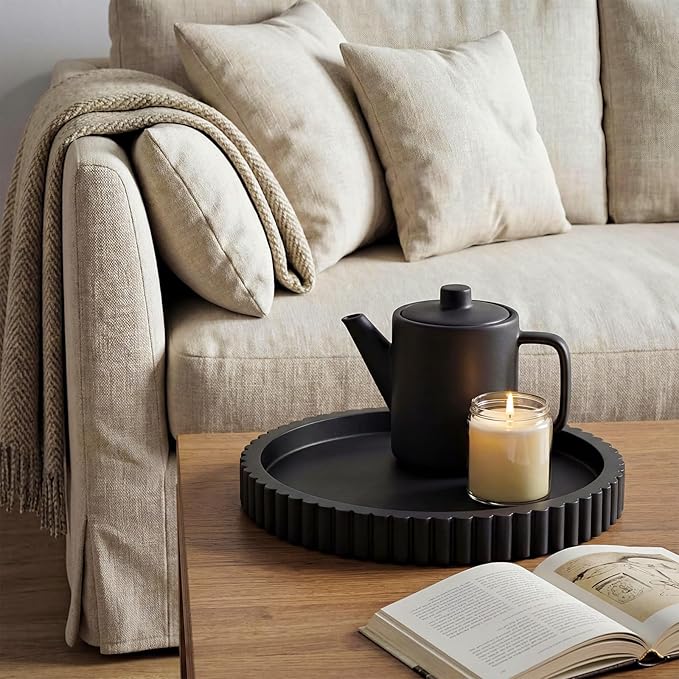 Round Concrete Decorative Tray for Coffee Table Decoration 12" Black Table Centerpieces Decorative Ottoman Tray for Serve Home Decoration Accent Bandejas Decorativas Gift
