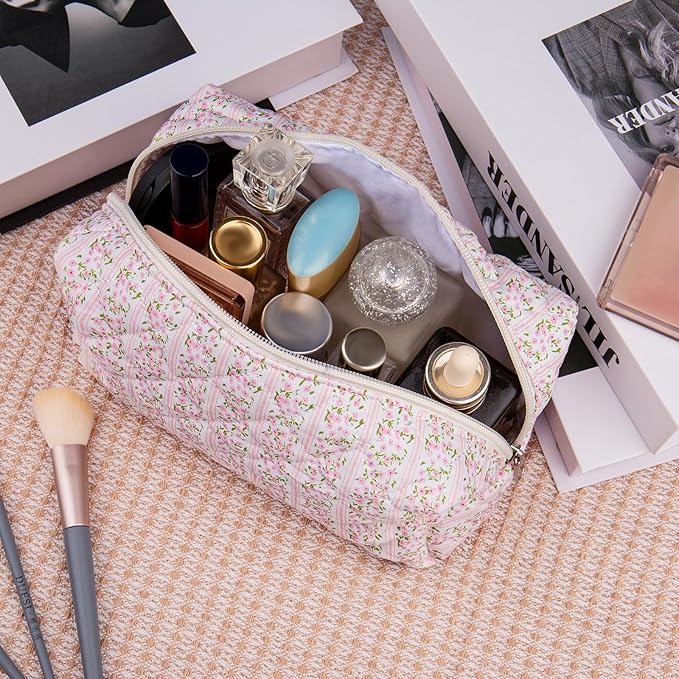 2 Pack Floral Makeup Bag, Cute Cosmetic Bag for Women Girls, Quilted Cotton Make up Pouch, Travel Makeup Bags, Portable Storage Toiletry Organizer Bag(Pink+Blue Floral)