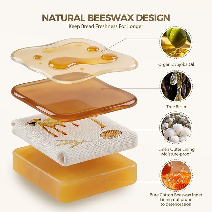 2 Packs Wide Zipper Access Beeswax Bread Bags for Homemade Bread,Linen Outer Lining and Pure Cotton Beeswax Inner Lining Moisture-proof Construction,Reusable XLBread Bag with Zip Keeps Fresh Longer