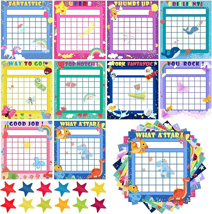 100 Pieces Sticker Charts for Kids Incentives Reward Chart for Kids Behavior in 10 Designs with 2800 Mini Star Stickers Dry Erase Chore for Classroom Teaching or Home Using