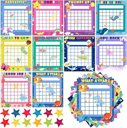 100 Pieces Sticker Charts for Kids Incentives Reward Chart for Kids Behavior in 10 Designs with 2800 Mini Star Stickers Dry Erase Chore for Classroom Teaching or Home Using