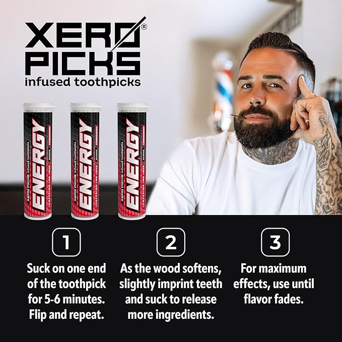 Xero Picks Energy Caffeine Flavored Toothpicks B12 for focus & B6, 60 Picks (Pack of 3) (Hot Cinnamon) Sugar-Free Alternative to Energy Mints & Gum - Kosher