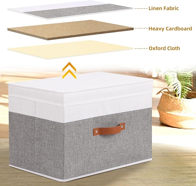 YheenLf Storage Bins, Storage Baskets with Lids, 17.7 x 11.8 x 11.8 Inch Closet Organizer Boxes with Double Handles, White and Grey, 3-Pack