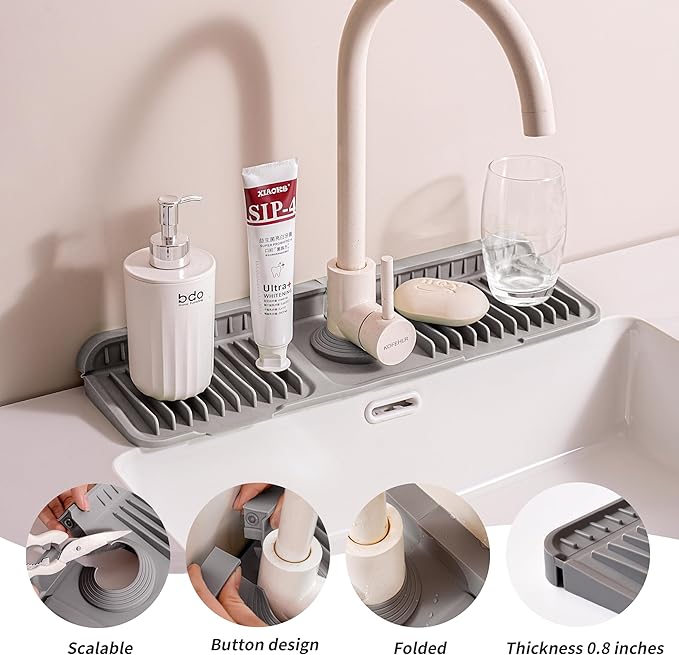 17.7" Silicone Sink Splash Guard - Multi-Functional Kitchen Sink Mat with Drip Tray, Sponge Holder & Soap Dish, 6° Slope Design for Easy Drainage, Foldable & Fasten Button for Secure Fit,（Grey）