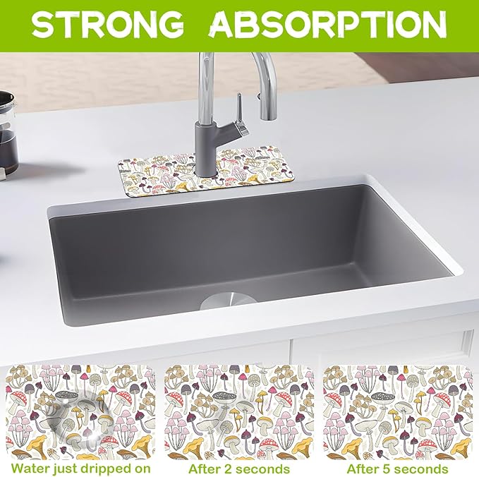 Kitchen Sink Splash Guard Faucet Mat Super Absorbent Fast Drying Mat Guard Behind Faucet Drip Catcher for Kitchen Bathroom (Colorful Mushrooms, 23.5"X5.5")