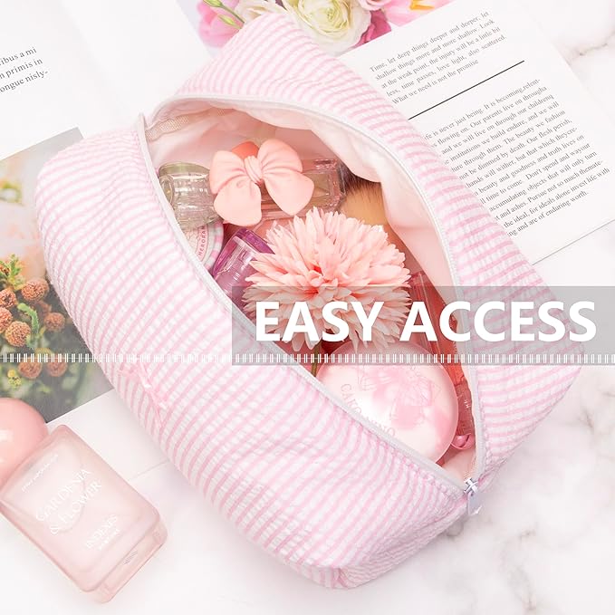 Cozy Makeup Bag Travel Cosmetic Bag for Women Soft Toiletry Bag Aesthetic Makeup Organizer Portable Large Zipper Pouch for Skincare Beauty Accessories Brushes Stripe Pink