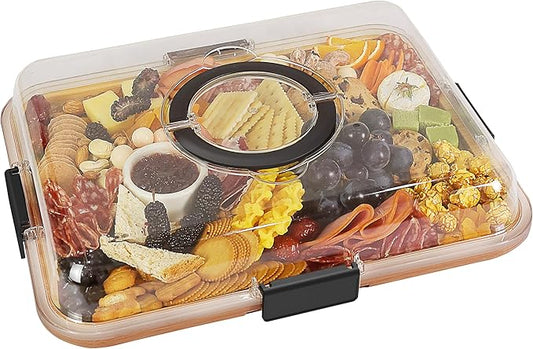 Renmxj Charcuterie Board with Clear Lid, Travel Portable Cheese Board Charcuterie Boxes Cutting Boards for Kitchen, House Warming Gifts New Home, Gifts for Women (Black, 4 Compartments)