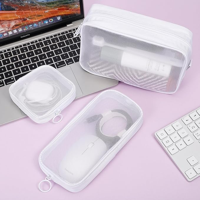 5 Pieces Mini Zipper Nylon Mesh Pouch, Mesh Cosmetic Bags Makeup Bags, Multipurpose Travel Toiletry Bags for Office Supplies and Travel Accessories (White, Assorted Sizes)