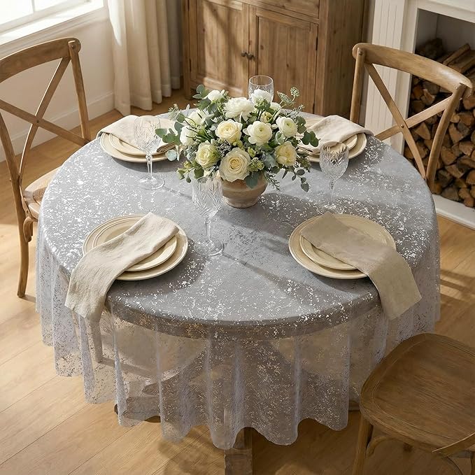 Horaldaily Grey Silver Tablecloth 60x60 Inch Round, Silver Glitter Metallic Foil, Sheer Tulle Cheesecloth for Wedding Baby Shower Ceremony Birthday