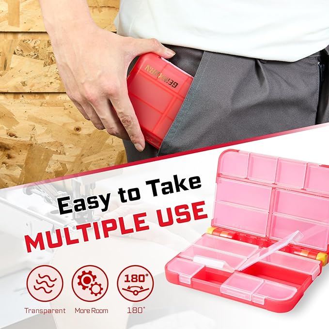Small Storage Parts Organizer, 2Pcs Red Portable Plastic Box with Dividers, Double-sided Storage 16 Compartment Screwdriver Bit Set Box