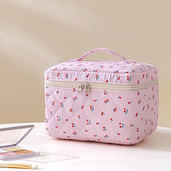 HBselect Quilted Makeup Bag, 3PCS Cotton Large Travel Makeup Bag, Cute Floral Coquette Make up Bag Cosmetic Bag Toiletry Bag for Women Girls