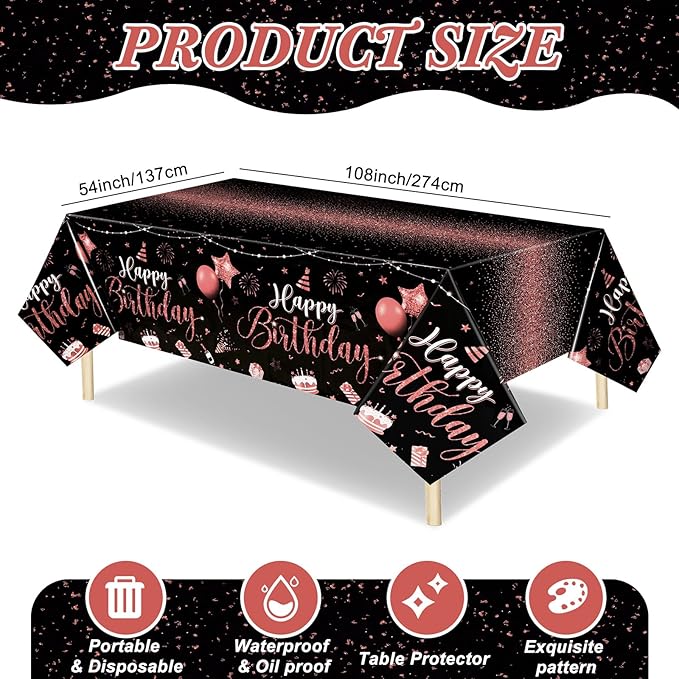 Tudomro 3 Pcs Happy Birthday Tablecloths Happy Birthday Party Decorations Plastic Table Cover Rectangular Cloths for Women Men Baby Shower Party Supplies, 108 x 54 Inch (Black Rose Gold)