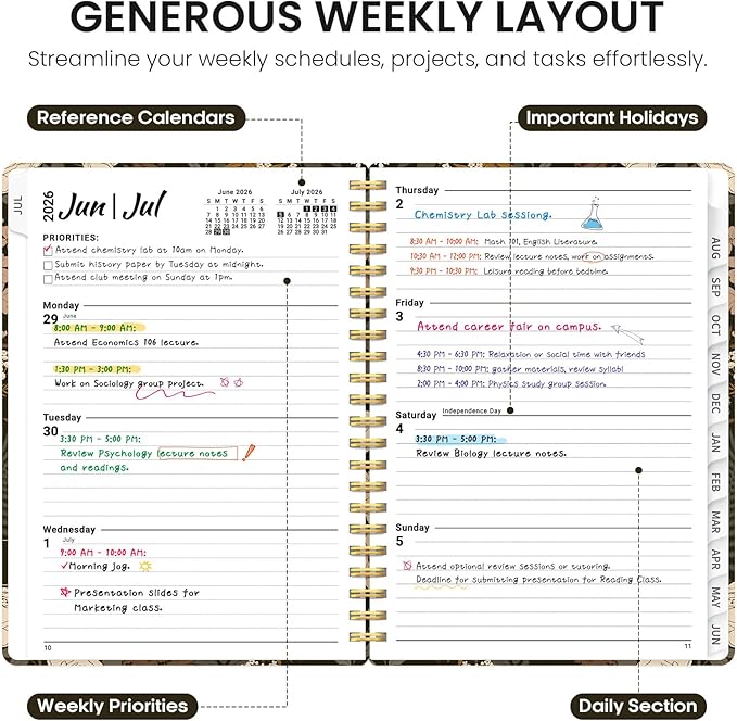 Planner 2026-2027, Academic Year Monthly and Weekly Calendar Planner, Jul 2026 - Jun 2027, Hardcover Teacher Student Planning Agenda book with Tabs, Perfect for School Office Supplies, 6.3" x 8.5" - Wild Rose
