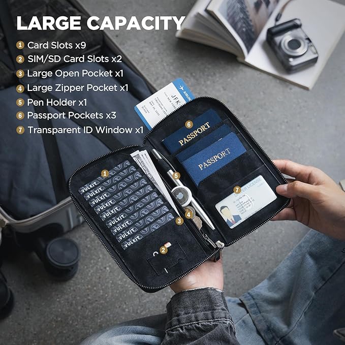VULKIT Passport Holder for Travel Family, Multiple Travel Document Holder Wallet for a Family of 3-4, RFID Blocking Passport Bag, Document Organizer Pouch for Credit Cards, ID, Sim Card, Cash, Coins