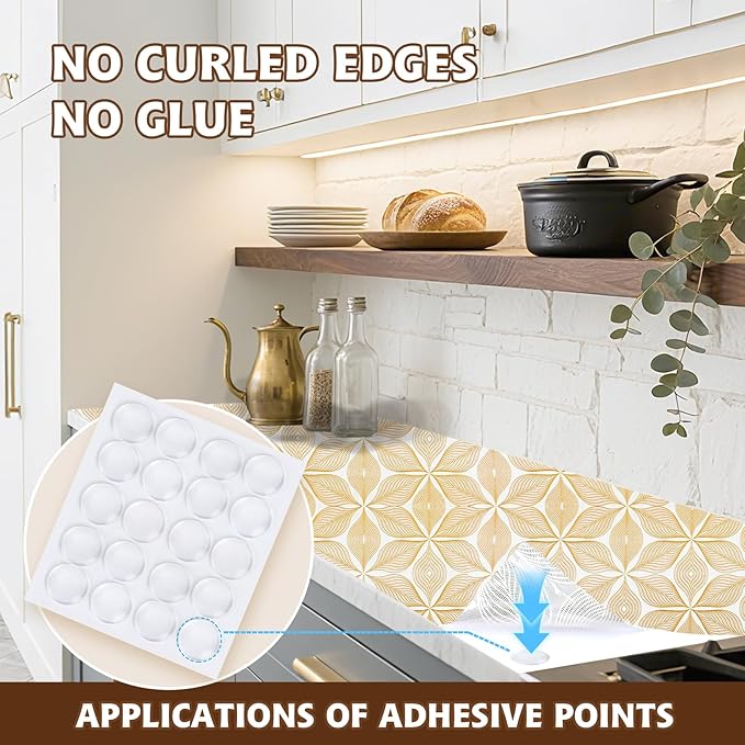 Drawer and Shelf Liner for Kitchen Cabinet,Non-Adhesive Waterproof Drawer Liner for Dresser & Bathroom Vanities with Adhesive Dots & Cutting Tool(18 in X 20 Ft Gold Leaf Pattern)