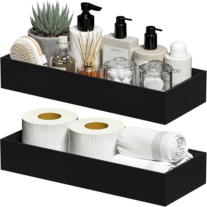 Greatseas Kitchen Drawer Organizer Bins, Stackable Bamboo Drawer Organizer for Silverware, 2 Pcs Toilet Paper Basket Holder, Wood Bathroom Tray Countertop, Toilet Tank Tray Black 15" x 6" x 2.5"