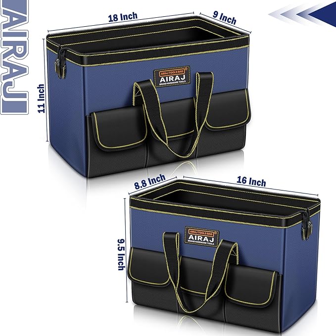 Tool Bag 2-Pack Set | AIRAJ 18" & 16" Portable Tool Storage Bag | Wide Mouth Tool Bags for Men and Women | Small Tool Tote | Tool Organizer for Home Repairs,Garage Storage,Professional Work | Tool Box