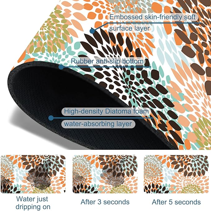 Vintage Flowers Sink Splash Guard Abstract Floral Faucet Absorbing Mat Fast Drying Mat Sink Gadgets Splash Guard Behind Faucet Drip Catcher for Kitchen Bathroom, 23.5"x5.5"