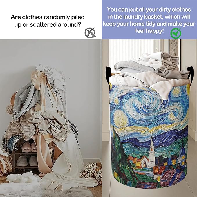 Retro Watercolor Village Laundry Basket-Large Foldable Hamper Holder Portable Tall Collapsible Laundry Hamper Storage Basket Bin with Handles, Canvas & Waterproof lining for Household Items
