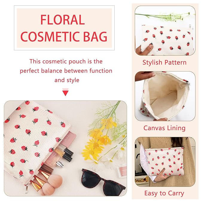 ZLFSRQ Makeup Bag for Women Large Corduroy Cosmetic Bags Travel Pouch for Purse Zipper Toiletry Bags Organizer Y2K Cute Aesthetic Trendy Makeup Brushes Storage Bag Travel Essential (Beige Strawberry)