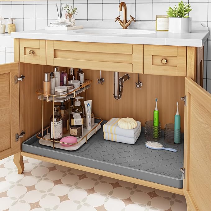 Jin&Bao Waterproof Under Sink Mat 37" x 22", Thick Silicone Mat Cabinet Protector for Kitchen and Bathroom, Shelf Liner, Home Organizer and Storage, Multipurpose Tray for Gadgets and Essentials