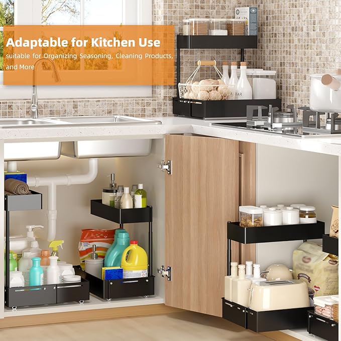 2 Packs Under Sink Organizer with Adjustable Height and Width, Under Cabinet Organizer to Tidy, Sturdy Metal Design for Kitchen and Bathroom