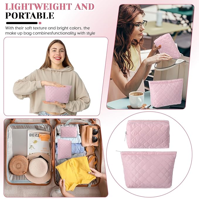 2 Pcs Pencil Case Quilted Makeup Bag Aesthetic Cosmetic Pouch for Women Puffer Travel Toiletry Bag Set Cotton Small Purse Pouch Makeup Organizer with Zipper(Pink)