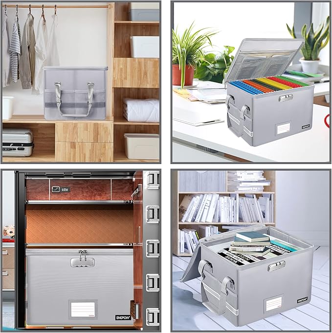 ENGPOW File Box with Lock, Fireproof Document Box with Pockets, Collapsible File Organizer Filing Storage Cabinet with Handle, Portable Home Office Safe for Hanging Letter/Legal Folders, Silver, 2 Pack