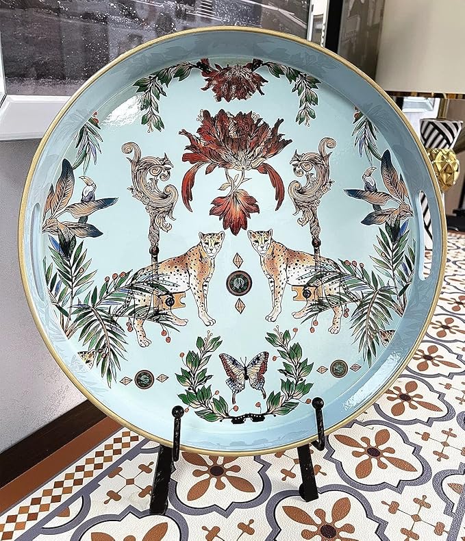 Zosenley Round Decorative Tray, 13 Inch Plastic Serving Tray with Handles, Leopard Style Vanity Organizer for Ottoman, Coffee Table, Kitchen, Bathroom (Blue)