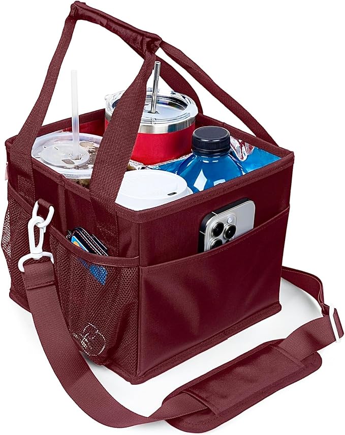 Reusable Drink Carrier with Handle – Tip-Resistant 4 Cup Carrier with Shoulder Strap for Delivery – Insulated, Foldable, Adjustable Dividers – Portable Caddy Tote Bag, Drink Holder for Car