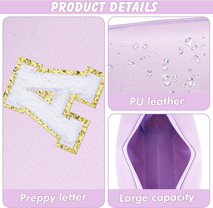 Gifts for Girls Initial Makeup Bag Personalized Cosmetic Bag with Zipper Cute Travel Toiletry Bag Waterproof PU Preppy Makeup Pouch Birthday Gift for Teen Girls Women(Purple A)