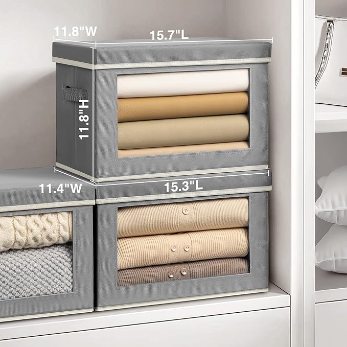 Large Storage Bins with Lids - Fabric Storage Cubes with Window, Collapsible Bins for Clothes, 15.7 Inch Large Baskets for Bedroom, Dorm, Office, Grey, 6 Pack