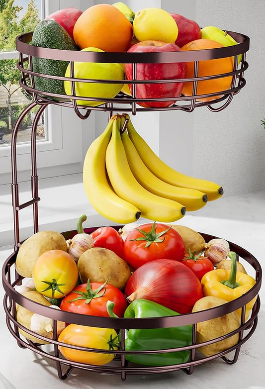 Sakugi Fruit Basket for Kitchen Counter - 2-Tier Large Capacity Fruit Bowl with Detachable Banana Hanger, Rust-Proof Metal Fruit Holder for Vegetables, Bread, Toiletry,10" D x 10" W x 14" H, Brown.
