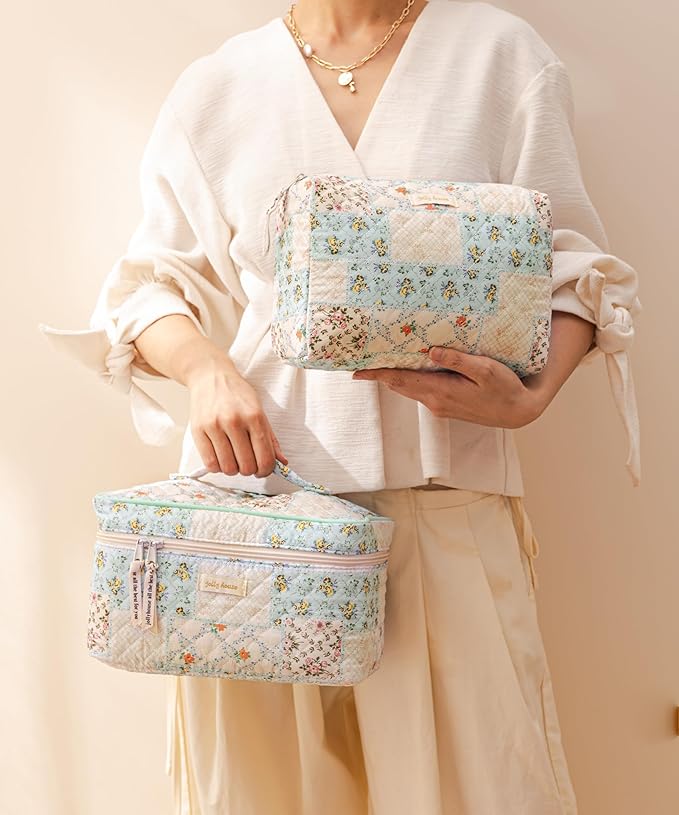 HBselect Quilted Makeup Bag, 3PCS Cotton Large Travel Makeup Bag, Cute Floral Coquette Make up Bag Cosmetic Bag Toiletry Bag for Women Girls