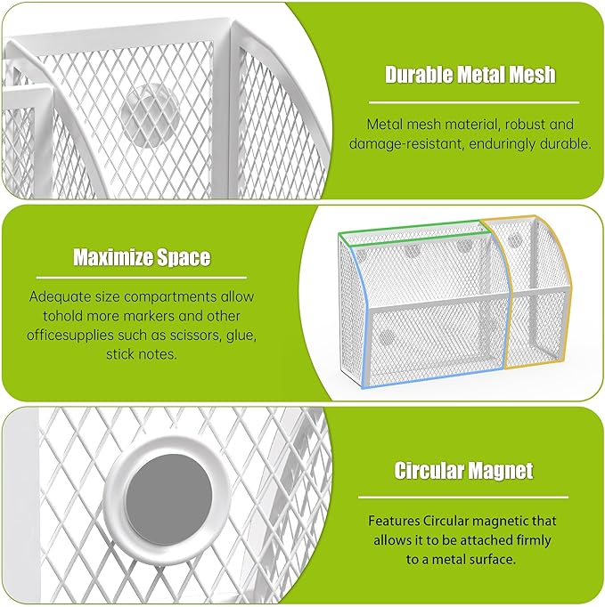 YINGHUA Strong Magnetic Pen Holder for Whiteboard and Refrigerator 3 Compartments Metal Mesh Organizer Space Saving Shelf for Office School Home and Locker - White