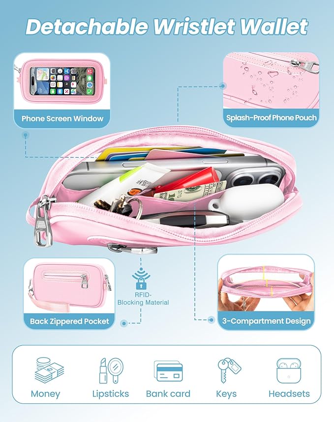 SHANSHUI Clip and Go Phone Lanyard Wallet, Hands-Free Crossbody Strap with Zipper Pocket & ID Window, Includes 2 Metal Tether Pads for Phones, Keys, Earphones, Accessories, Pink