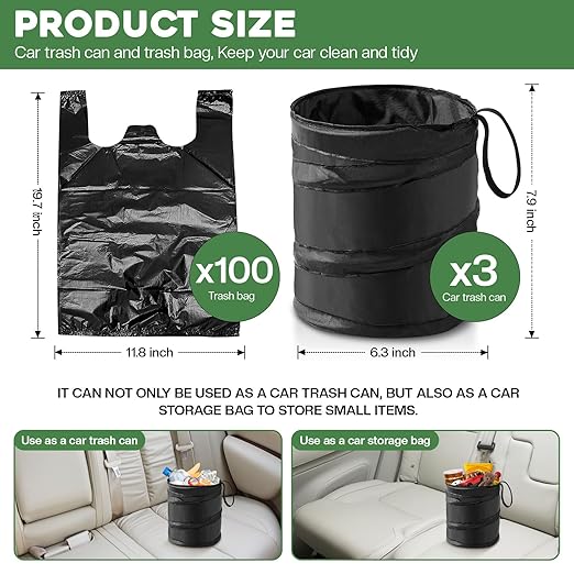 3 Pack Car Trash Can With 100 Bags - Mini Pop-up Garbage Can, Collapsible Waterproof Waste Basket, Portable Rubbish Bin for Automotive (2 Gallon, Black)